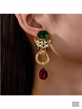 NWT Leopard Panther 90s Style Gold Tone Dangle Statement Earrings